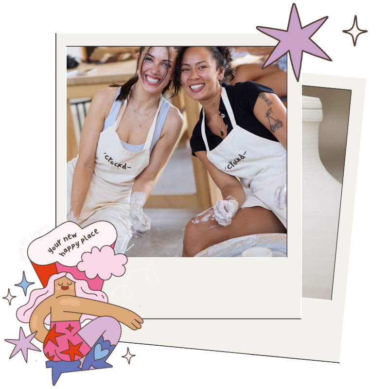 Bright and inviting Crockd Studios Bondi pottery workshop with natural light, modern decor, and pottery wheels setup for classes, fostering creativity in a non-judgemental environment