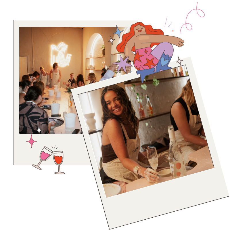 Contemporary Crockd Studios Manly Fairlight pottery workshop with a unique, stylish interior featuring a pink terrazzo counter, modern pottery wheels, and comfortable seating for creative experiences