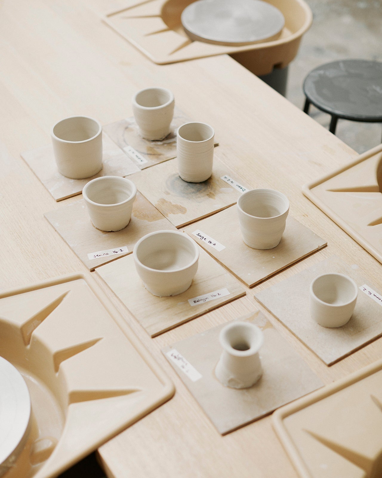 Display of couple-made pottery from date night class