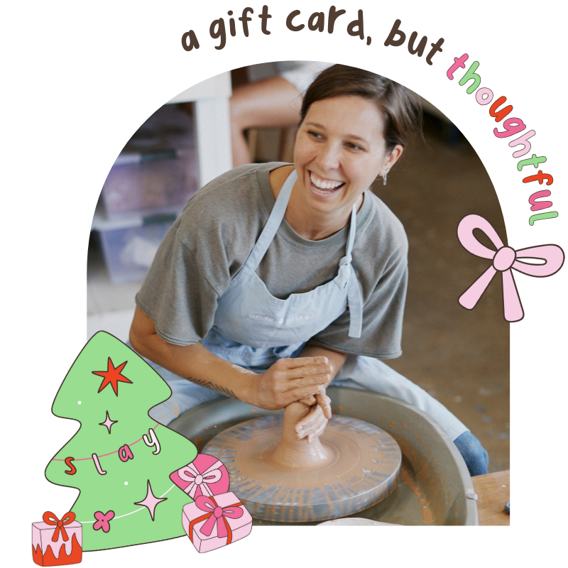 Person making a clay sculpture with text overlay and decorative elements.