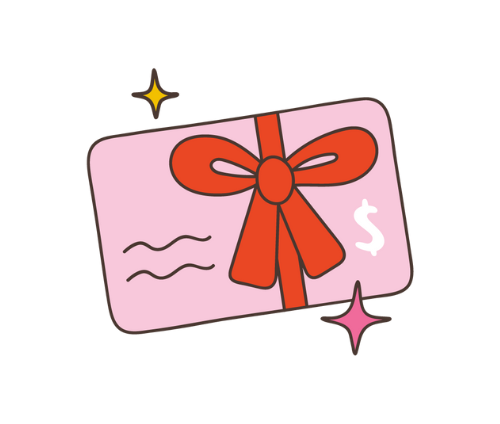 Pink gift card with a red bow on a white background