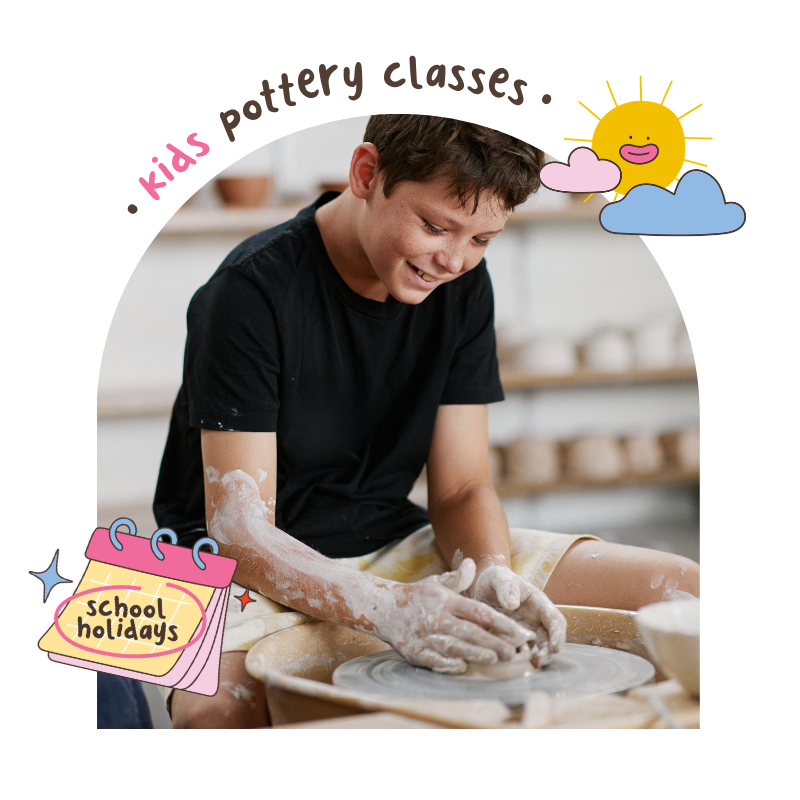 Child making pottery at a school holiday pottery class with text and graphics.