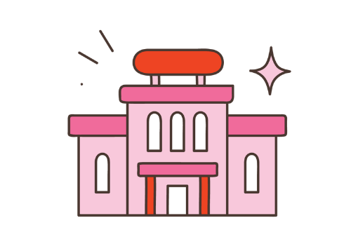 Illustration of a pink building with a red roof on a white background