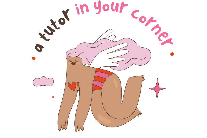 Cartoon character with pink hair and striped swimsuit, text 'a tutor in your corner' on a white background